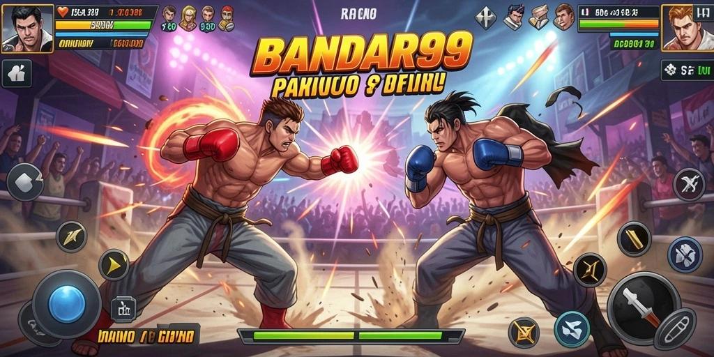 Tangkapan layar BANDAR99 menunjukkan pertarungan epik dengan karakter yang sedang bertarung.