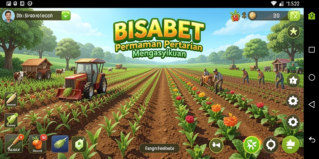 Screenshot permainan BISABET menampilkan ladang yang subur dan aktivitas bertani.