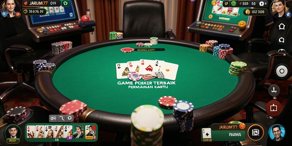 Screenshot utama menampilkan gameplay poker yang mendebarkan.