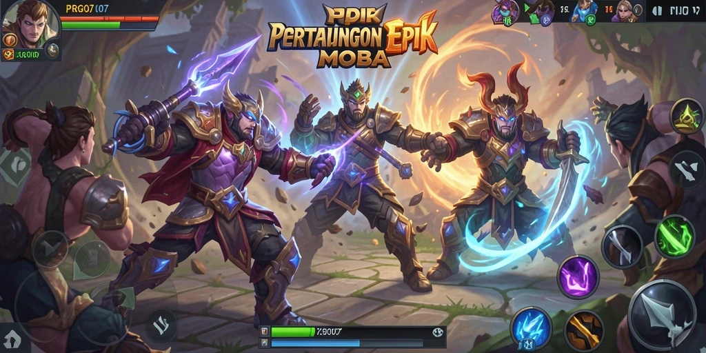 Screenshot gameplay MOBA PRG007 yang menampilkan aksi pertarungan tim.