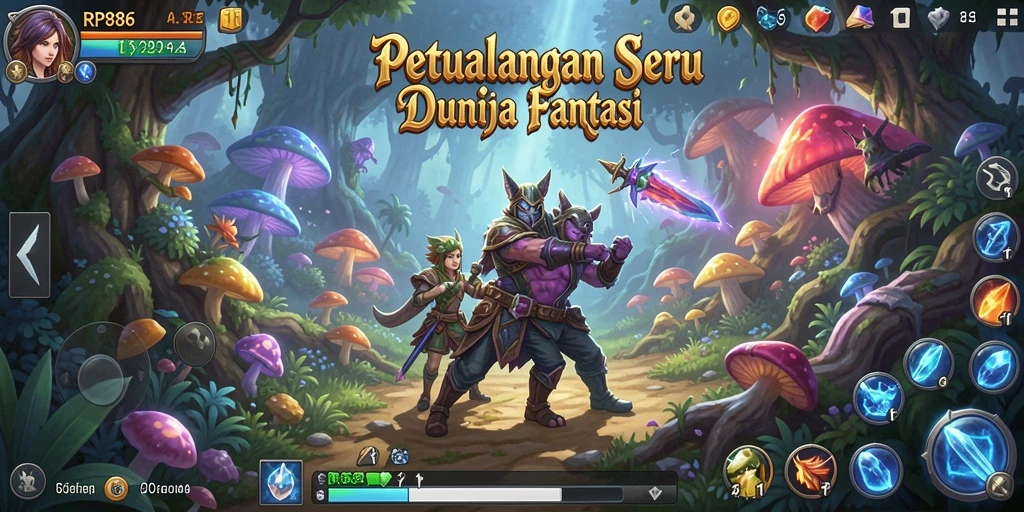 Screenshot gameplay RP886 menampilkan karakter dalam pertempuran seru di dunia fantasi.