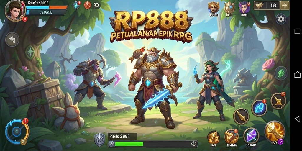 Screenshot utama RP888 menunjukkan aksi pertarungan seru di dunia RPG.