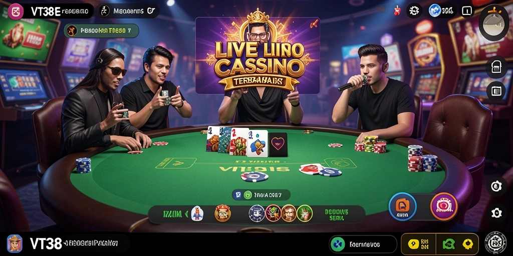 Tangkapan layar gameplay Live Casino menampilkan dealer dan pemain yang berinteraksi.