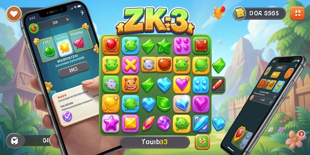 Tampilan gameplay ZK3 dengan objek match-3 yang cerah.